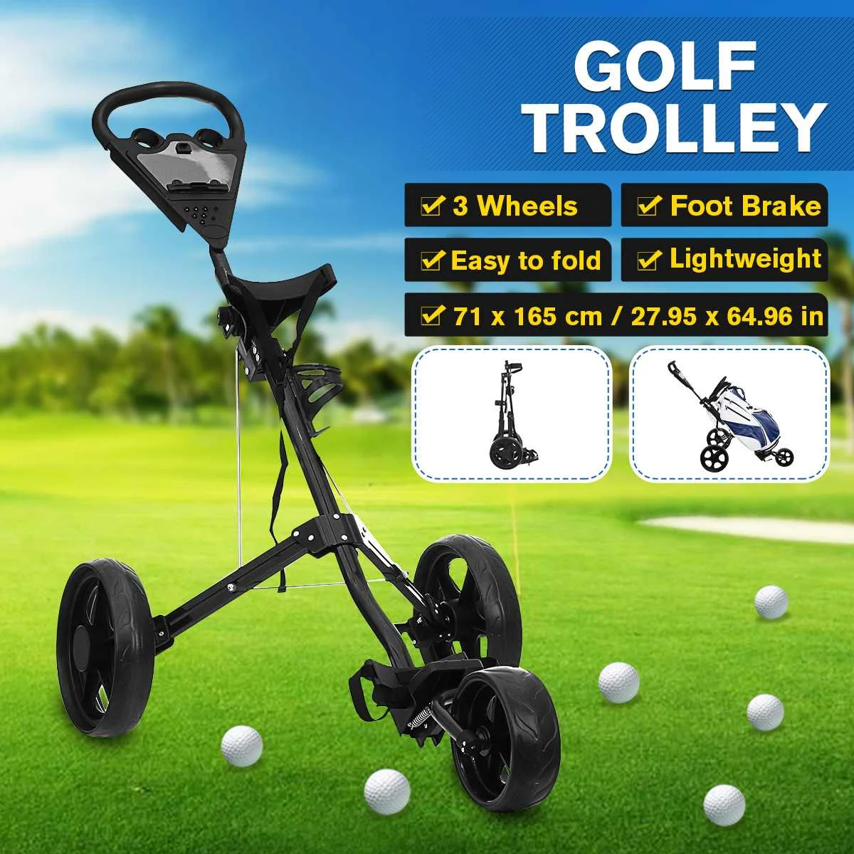 

Folding Golf Trolley Push Cart Professional 3 Wheels Golf Bag Trolley Multifunction Carrier with Scorecard Cup Holder Foot Brake