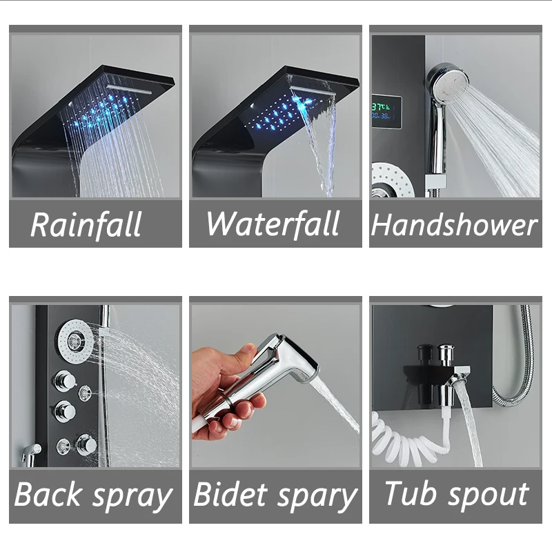 Black LED Light Shower Panel Rainfall or Waterfall ShowerHead SPA Massage Jet Bathroom Column System Bidet Sprayer Faucet |