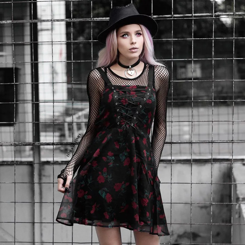 Винтажное черное платье на шнуровке InsGoth с цветочным принтом готическое
