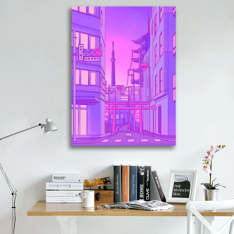 

HD Printed Build Alley and Cat Poster Wall Art Tokyo Tower Canvas Painting Home Decor Bedroom Modular Night View Pictures Frame