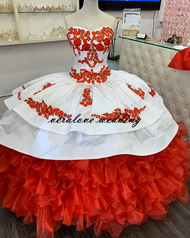 

Gorgeous Embroidery Quinceanera Dresses Mexican Style Off The Shoulder Ruffles Skirt Satin Ball Gown Sweet 16 Dress