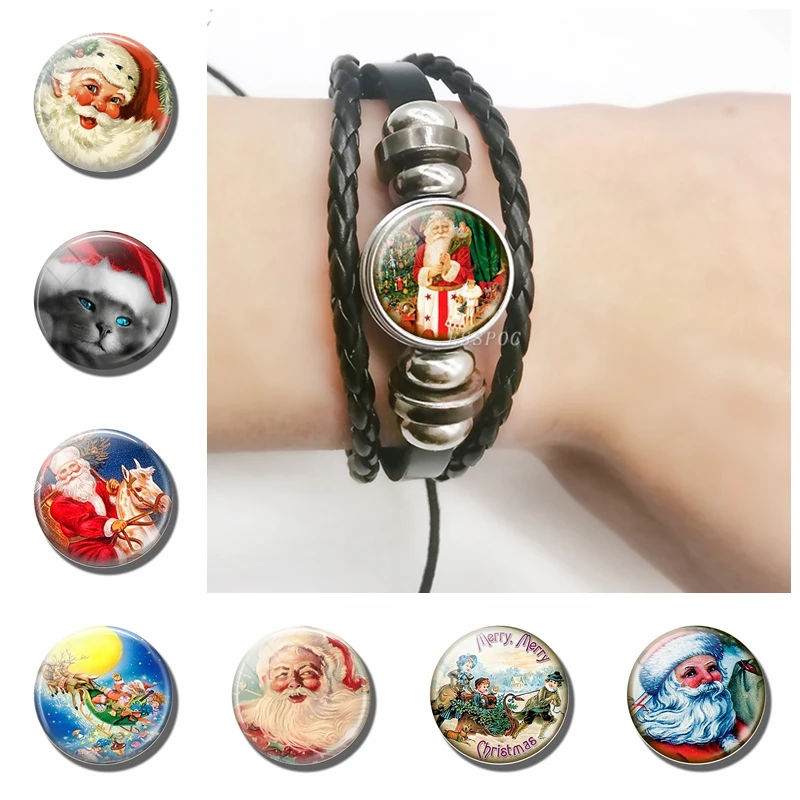 

Santa Claus Jewelry Santa Claus Glass Cabochon Bead Black Leather Woven Bracelet Christmas Jewelry for Friends Gifts