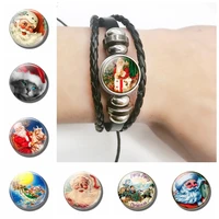 santa claus jewelry santa claus glass cabochon bead black leather woven bracelet christmas jewelry for friends gifts