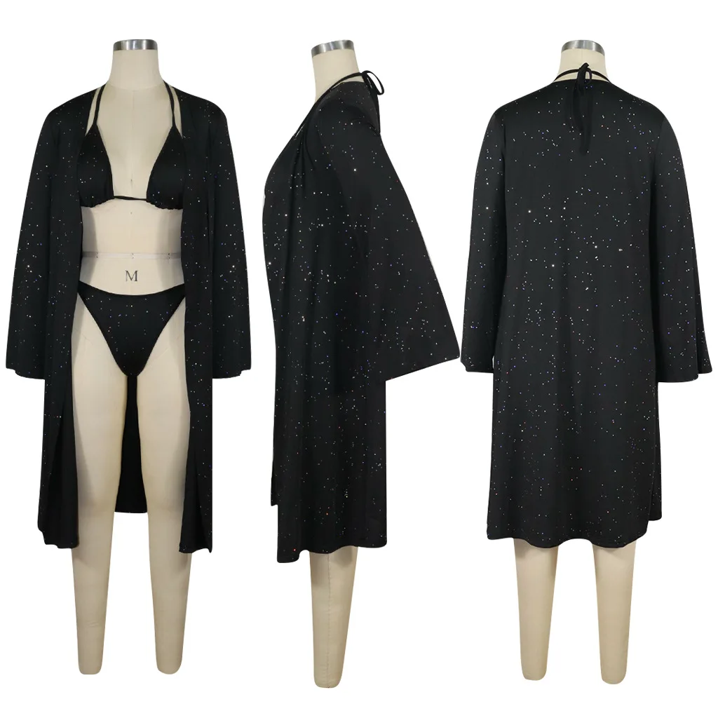 

3 Pieces Bikini Set Brazilian Sexy Women Solid Color Swimsuit Swimwear Bra Cover Up Lady Female Beachwear Cardigan 2021 New