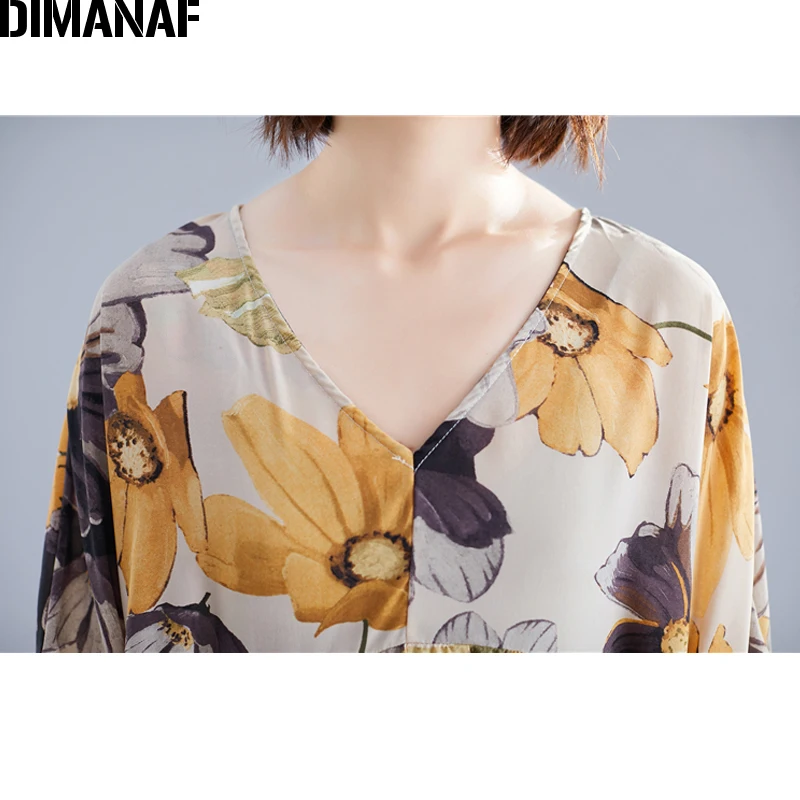 DIMANAF размера плюс женская блузка рубашки летние пляжные Цветочный принт женские