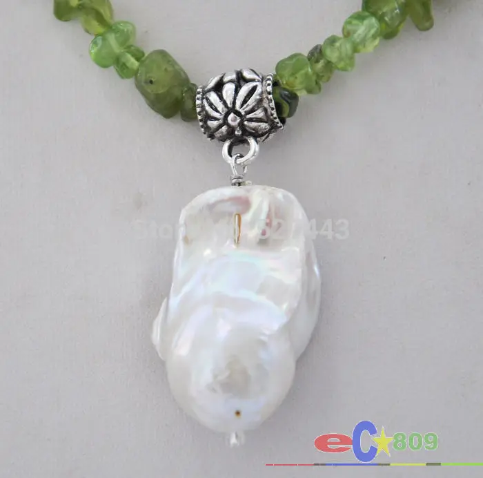 

Wholesale 16" 30mm white baroque keshi reborn pearl pendant olivine NECKLACE