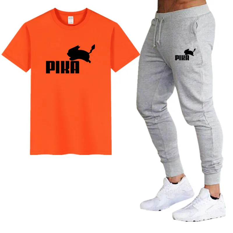 10Orange gray Летние популярные мужские комплекты новые футболки с принтом пика+ штаны комплекты из двух предметов Повседневный Спортивный костюм Мужская Повседневная футболка тренажерные залы Фитнес Брюки - Цвет: 10Orange gray