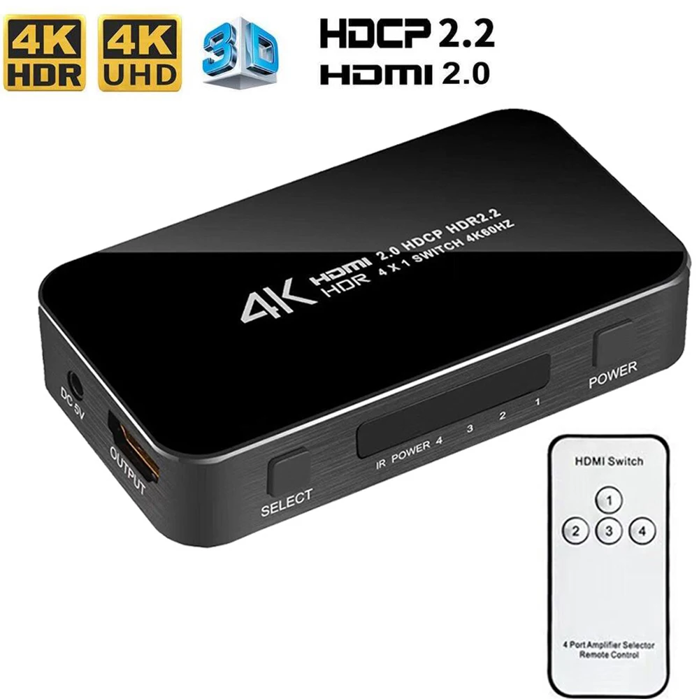 

HDMI 2.0 Switch HDR 4K 60Hz HDMI Switcher 4 in 1 out with remote HDMI switch splitter for PS5 PS4 pro Apple TV