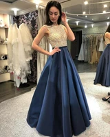 fashion dark navy long evening dresses 2020 evening gowns women party scoop satin lace zipper a line lace sexy lady club dress