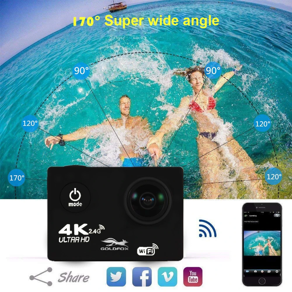 Купить Экшн-камера H9R Ultra HD, 4K, водонепроницаемая Спортивная камера для шлема с Wi-Fi и дистанционным управлением, 4K, 170D Go