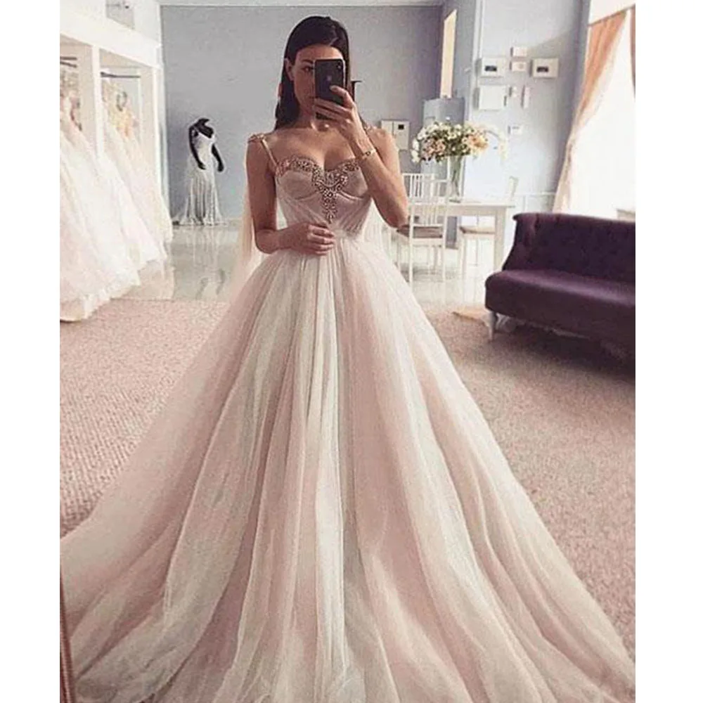 

Spaghetti Straps Evening Dress Long 2021 Elegant Sweetheart Tulle Pink Prom Gown with Beading Sexy A-Line ​Skirt robes de soirée