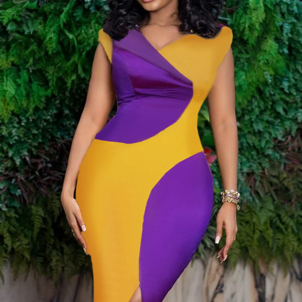 

Women Summer Short Sleeve Bodycon Office Dress Color Block V Neck Bodycon Elegant Ladies Party Work Wear Vintage Dresses Retro