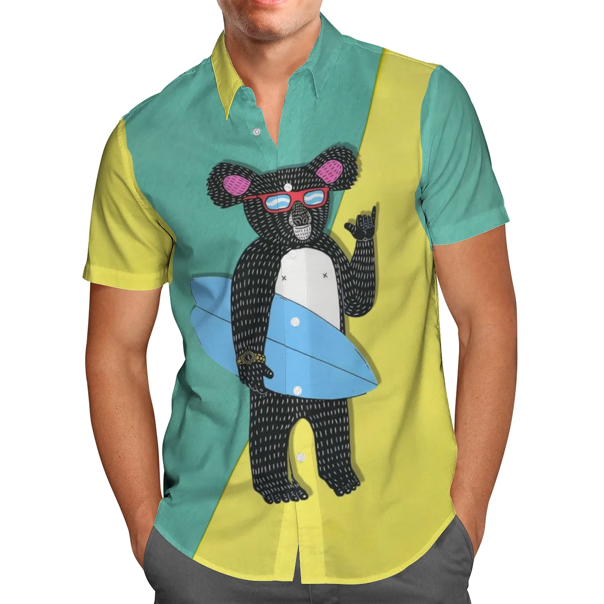 

Anime Bear Print Short Sleeve Shirts For Men Loose Cardigan Button Shirts Plus Size Hawaiian Style Summer 2021 Ventilated Shirt