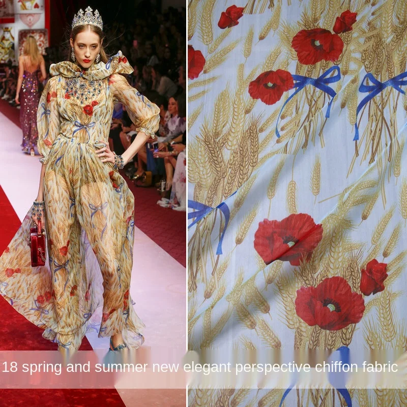

Printed Chiffon Polyester Fabric Wheat Ear Brand Fabrics for Dress Per Yard Thin See-through Scarf Shirt Diy Clothing Cloth