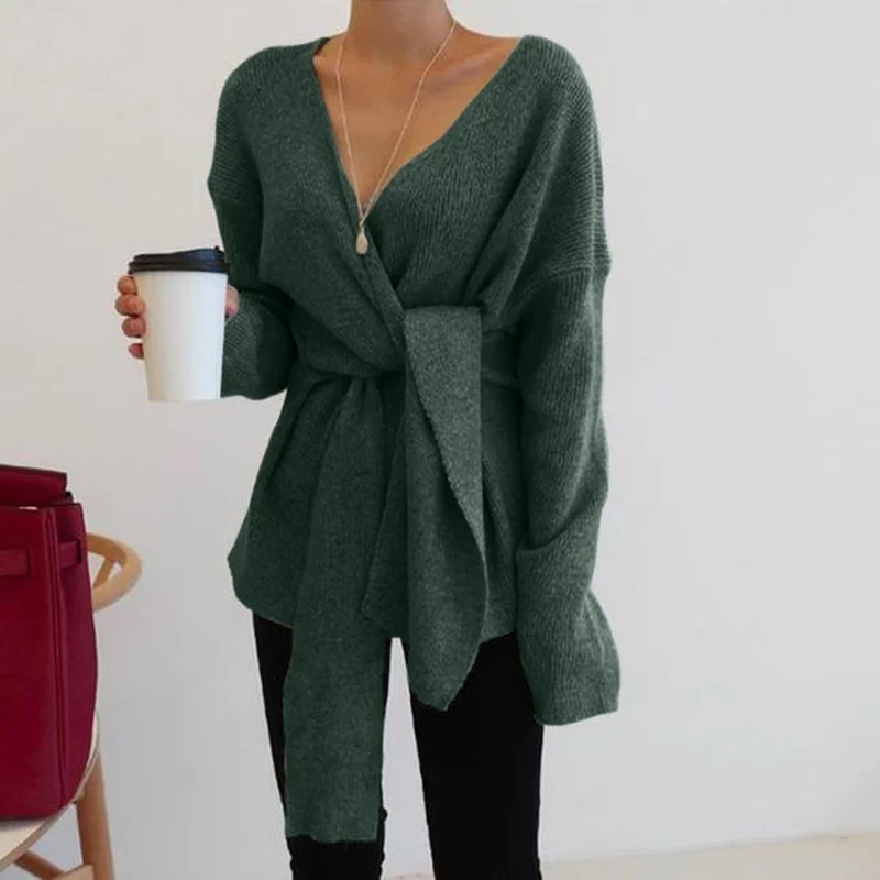 

Новинка 2020, модные свитера осень-зима с v-образным вырезом на шнуровке, простые свитера в уличном стиле, женский сексуальный офисный свитер с...