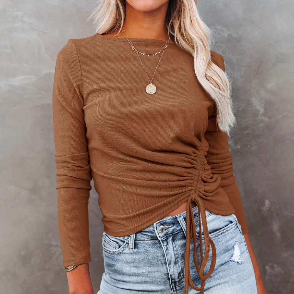 Женский трикотажный свитер с круглым вырезом длинным рукавом | Женская одежда