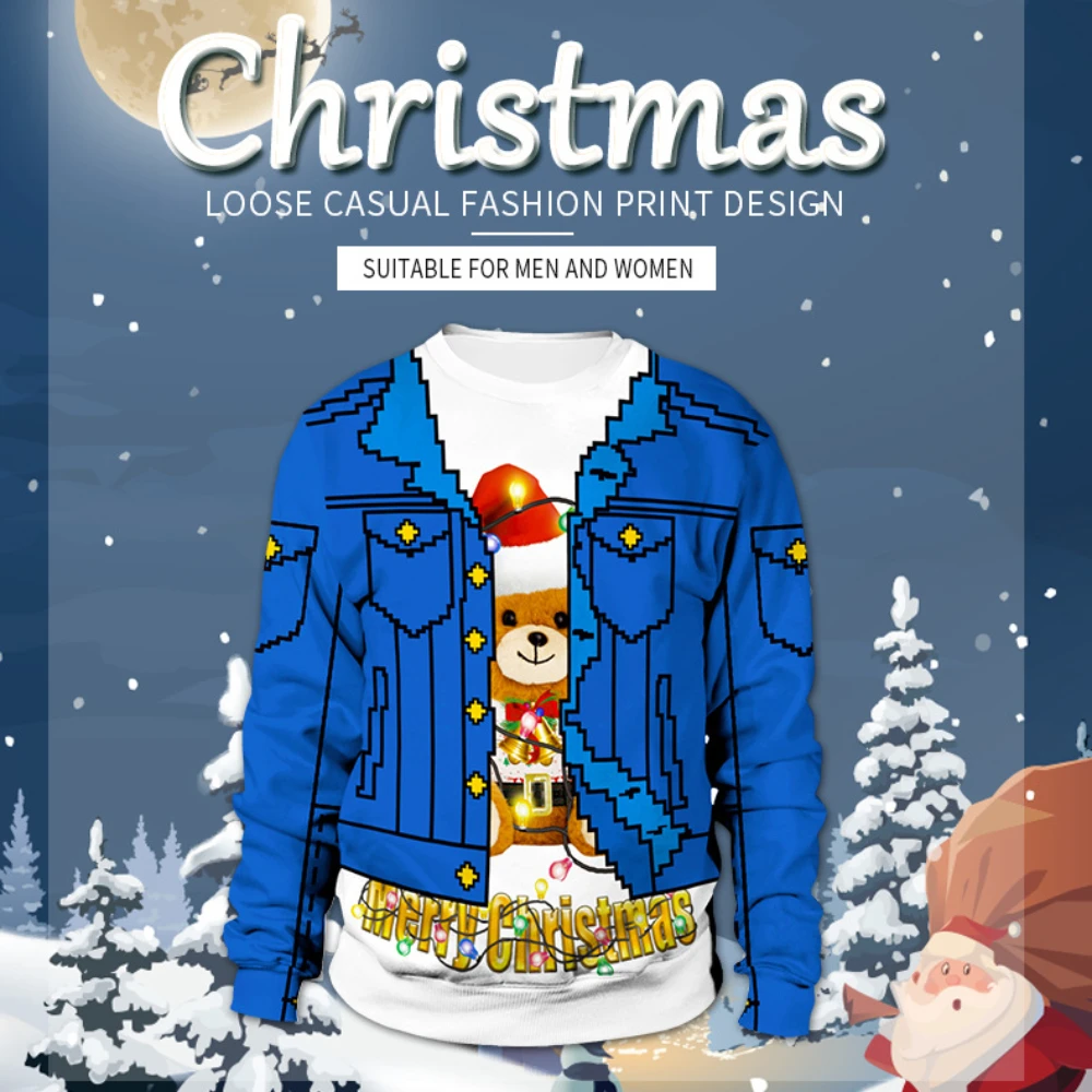 

Hot-selling Cartoon Bear Christmas Digital Printing Pattern Christmas Lovers Sweater Casual Polyester Pullovers O-Neck Clothes