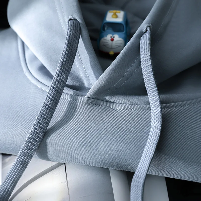 

250g Morandi Smog Blue Plus Fleece Hoodies Men Women Loose Casual Pullover Tops Skateboard Wear Hooded Sweatshirts Cool Color