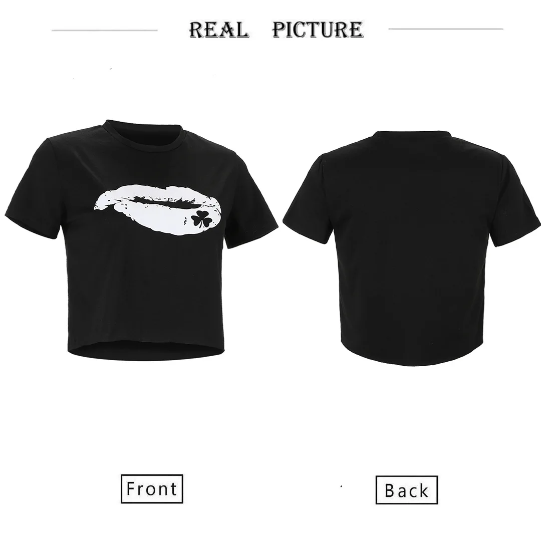 

Women T-Shirts Lip Print T-shirt Round Neck Pop New Vogue Short Sleeve Casual Loose Summer Short Top Loose Ladies Crop top