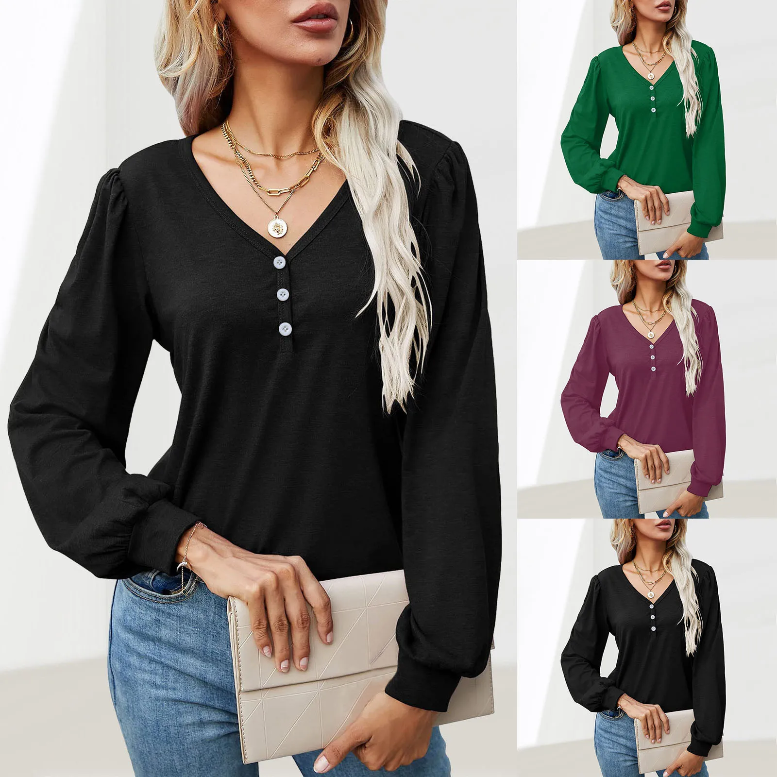 

Женская свободная рубашка, Элегантный Повседневный пуловер оверсайз с V-образным вырезом и пуговицами, осень 2021