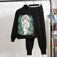 fashion black knit outfits female sequins tiger embroidery pullover sweater pants 2pc tracksuit female loose knitted 2 piece set