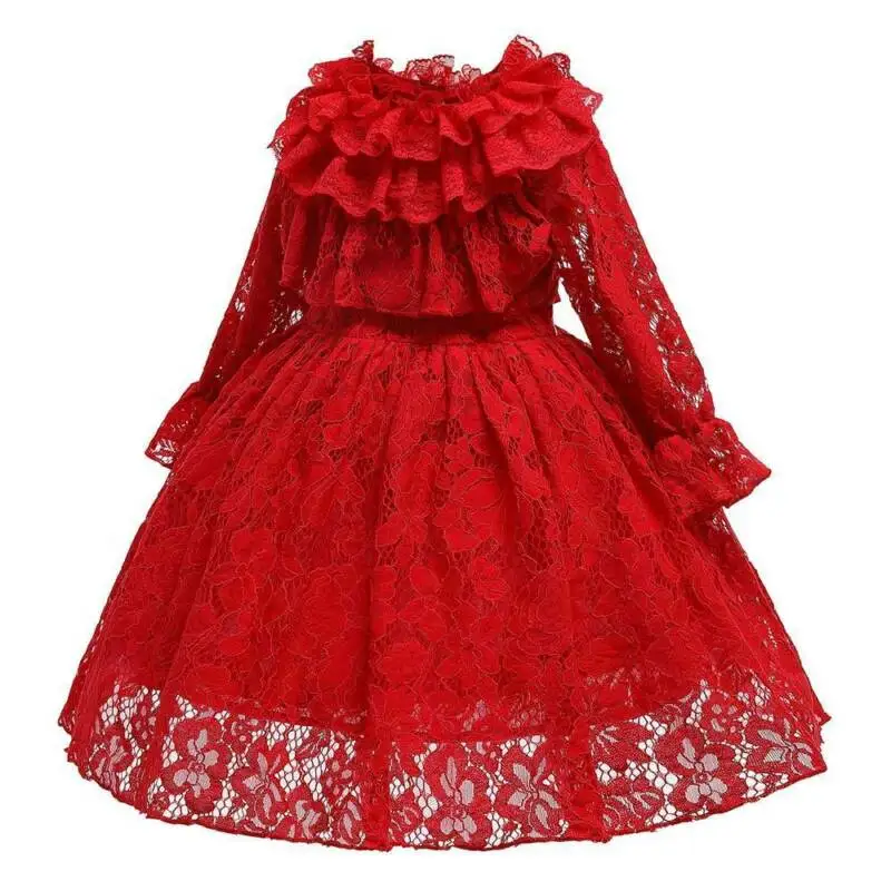 

Girls Lace Dress Long Sleeve Hollow Out Solid Color Dresses Fold Design Red Princess Skirt Waist British Style