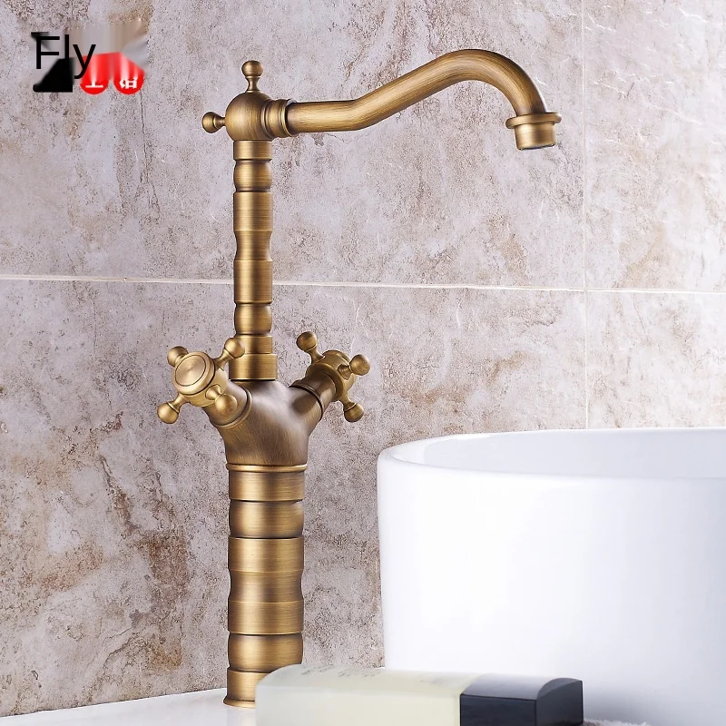 

European-Style Antique Brass Faucet Double Handle Hot and Cold Kitchen Rotatable Faucet Black Faucet