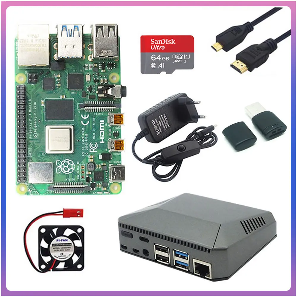 Оригинальный Raspberry Pi 4 2 ГБ RAM + карта памяти 64 Алюминиевый Чехол адаптер 3 А кабель вентилятор для pi