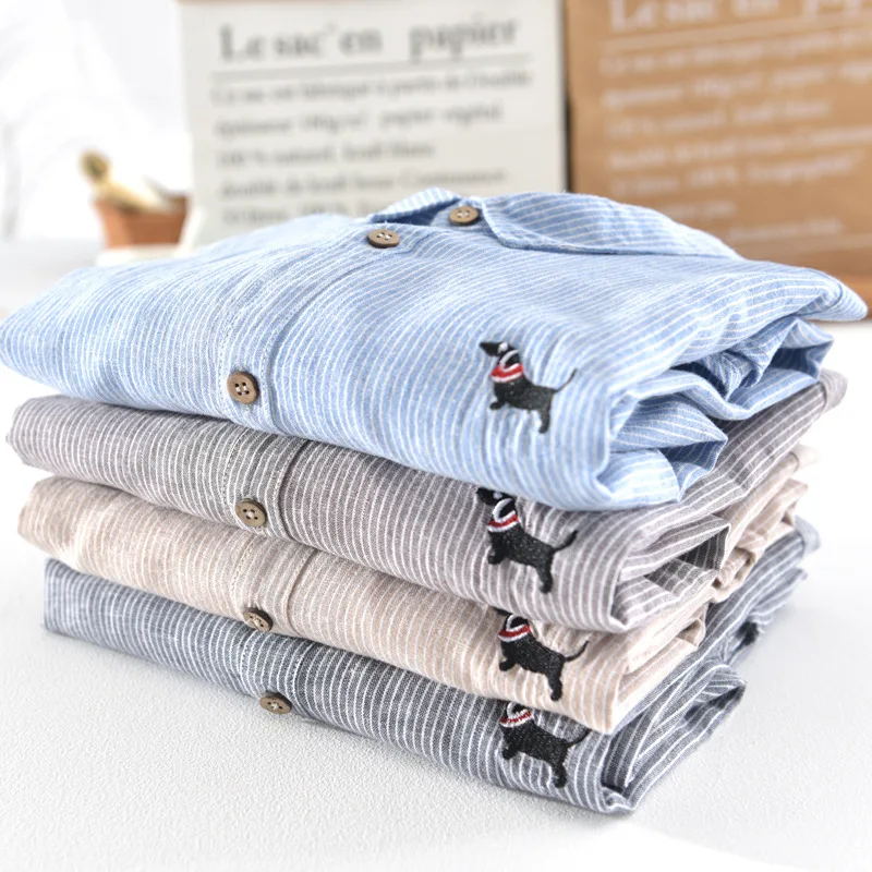 

2020 spring men's leisure embroidered cotton linen long sleeve shirt 725