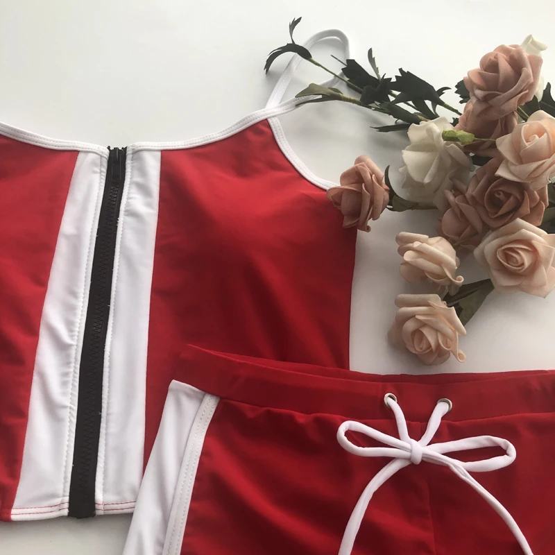 

Swimsuit 2020 Women Red Color Sleeveless Swimwear With Zipper High Waist Sports Beachwear Two Piece Bandeau Bathing Suit