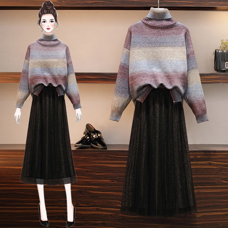 

Big Sizes L -4XL Women Pullover Sweater Sweet Turtleneck Sweaters Pleated Black Skirt Leisure Suit Two-Piece Outfit Knitwear