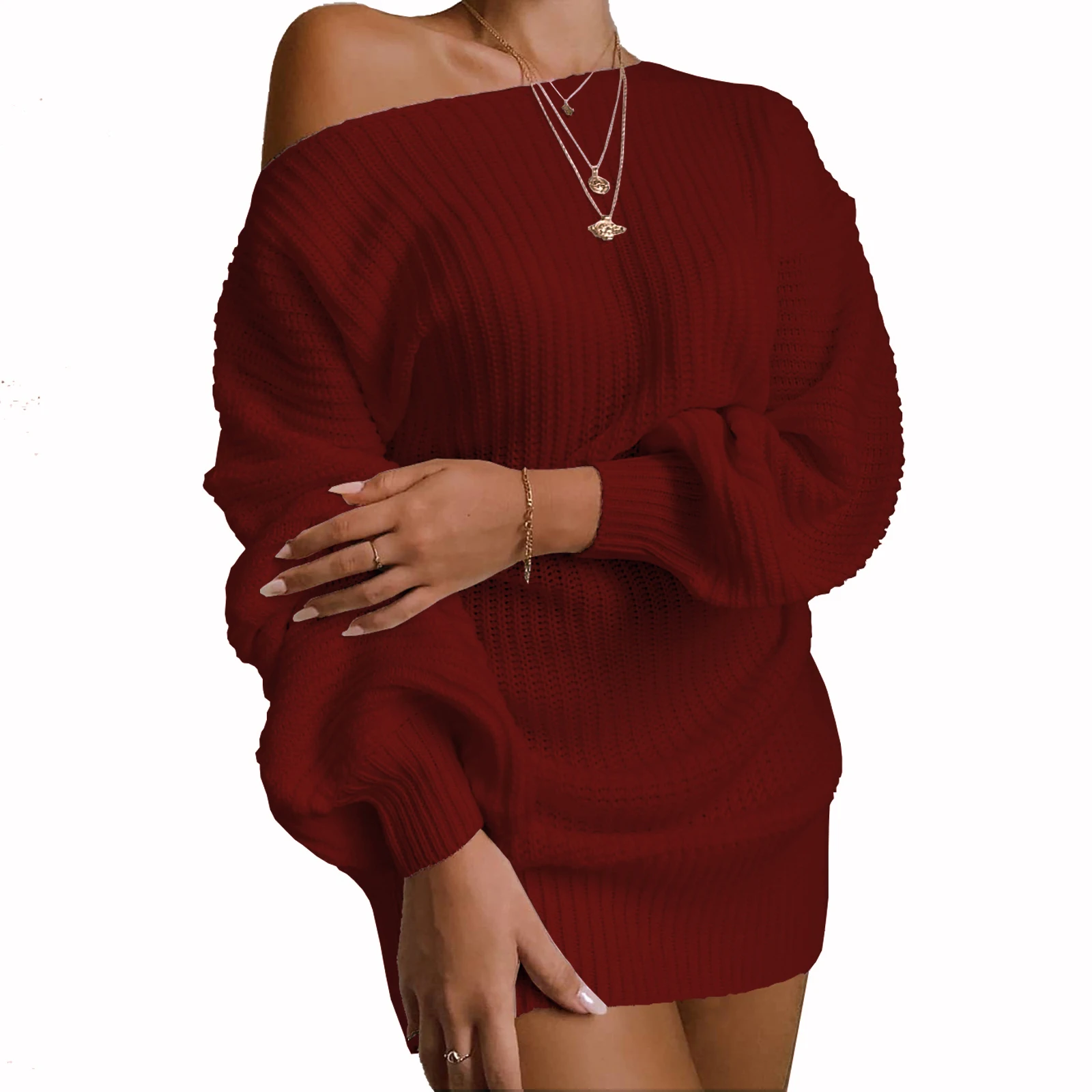 

2020 Fall Winter Off Shoulder Sweaters Women Dress Solid Color Long Lantern Sleeve Loose Knitted Mini Pencil Dress Elegant
