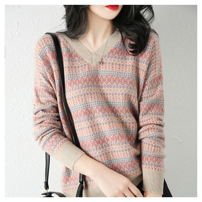 

Женский Зимний вязаный свитер с V-образным вырезом, кардиганы из овечьей шерсти, мягкий теплый вязаный свитер в ретро-стиле, Свободная Женск...