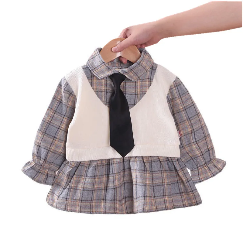 

New Spring Autumn Baby Girls Grid Long Sleeve Clothes Children Cotton Tie Dress Toddler Fashion Costume Kids Casual Sportswear