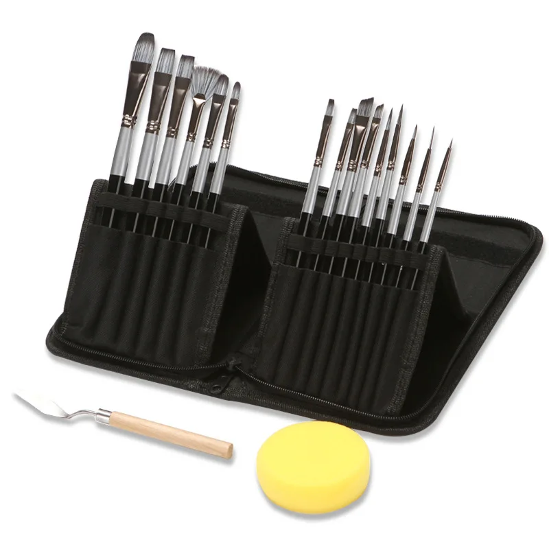 

15pcs Artist Paint Brushes Set with Canvas Bag Different Shapes Nylon Hair Silver Black Handle Palette Knife Sponge Art Supplies