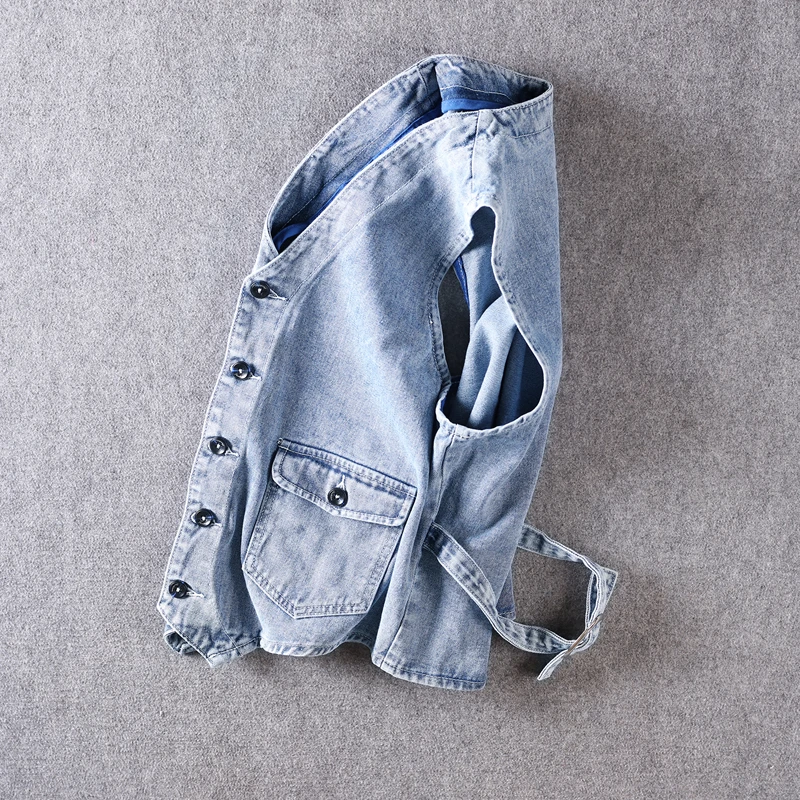 

Men Denim Waistcoat Street V-Neck Cargo Sleeveless Jacket Spring Summer Washed Blue Slim Fit Cropped Cowboy Tops Vest Male