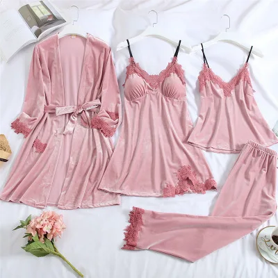 Новый женский золотистый бархатный костюм из 4 предметов пикантная Ночная