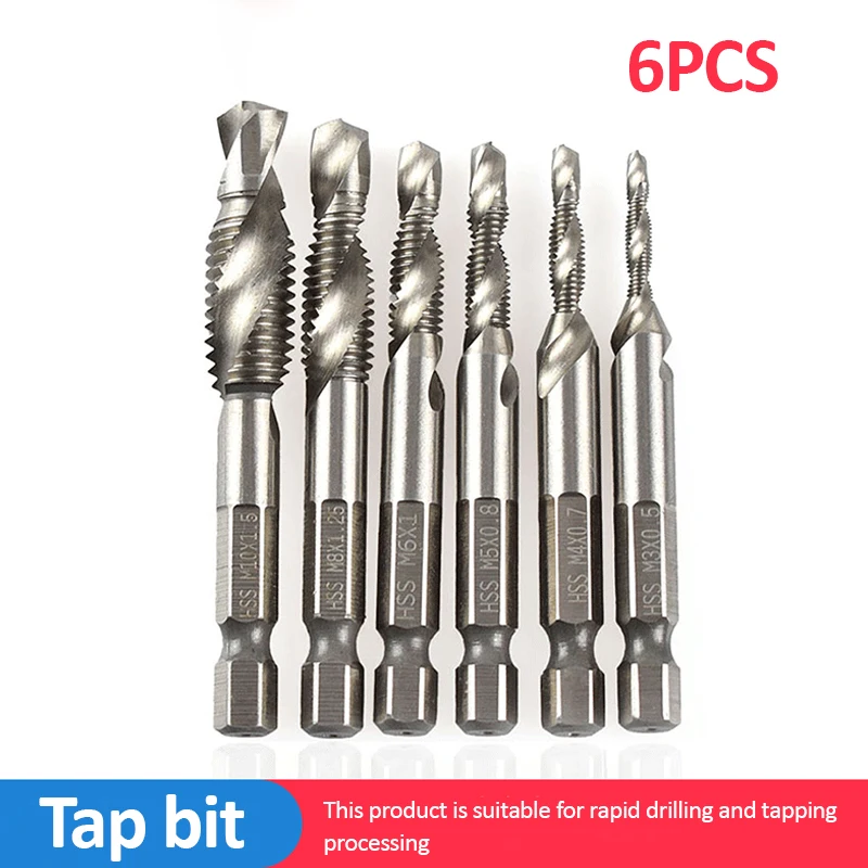 

6Pcs/Set HSS High Speed Steel Drill Bits Set 1/4" Hex Shank Metric Screw Thread Tap Taper Twist Drill Bit M3 M4 M5 M6 M8 M10