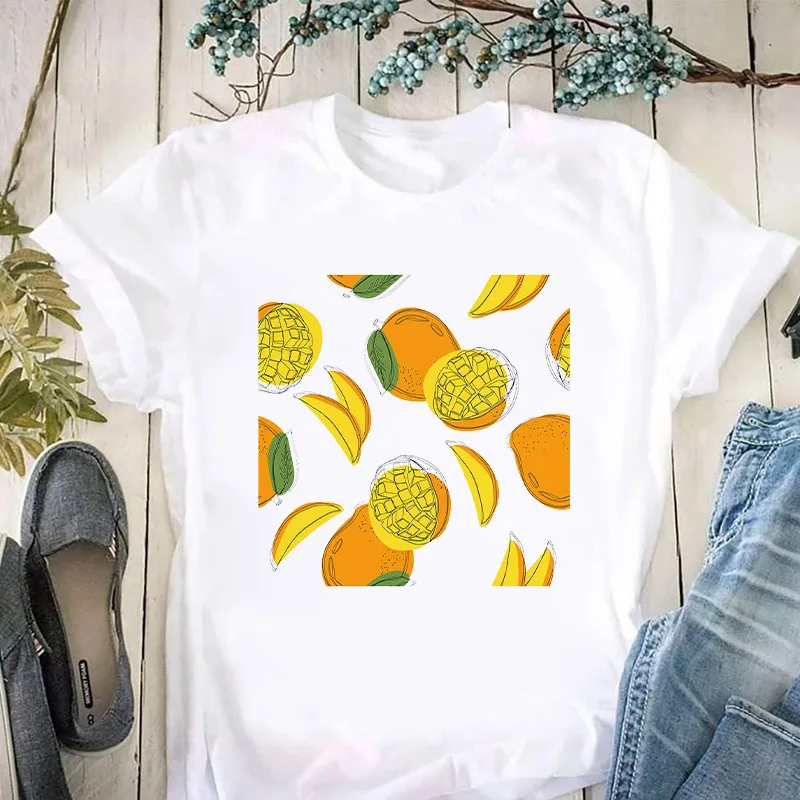 

Summer Simplicity Casual Tshirt Harajuku Kawaii Cute Fruits Print Women Orange Tops Banana Cartoon Pattern White Basic Tee Shirt