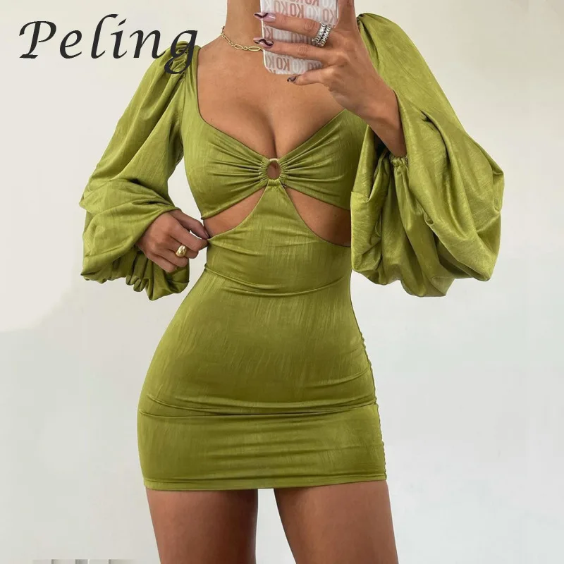 

Peling 2021 Fashion Women Sexy Party Dresses Lantern Sleeve Hollow Out Bodycon Short Mini Dress Autumn White Club Dress Vestidos