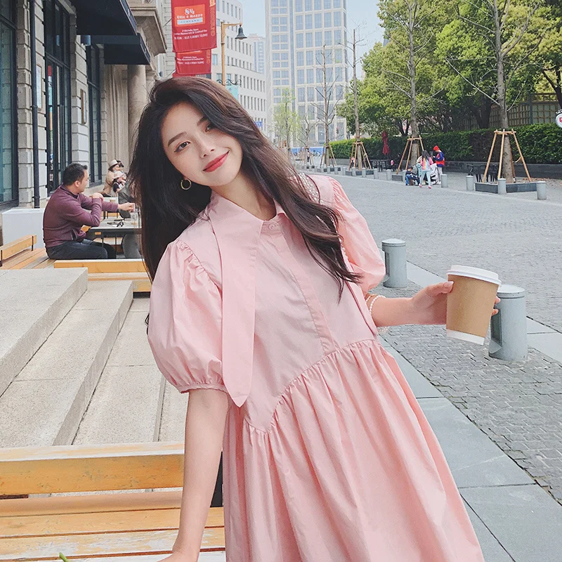 Большие товары были доставлены 2021 лето новый стиль розовое платье рубашка для