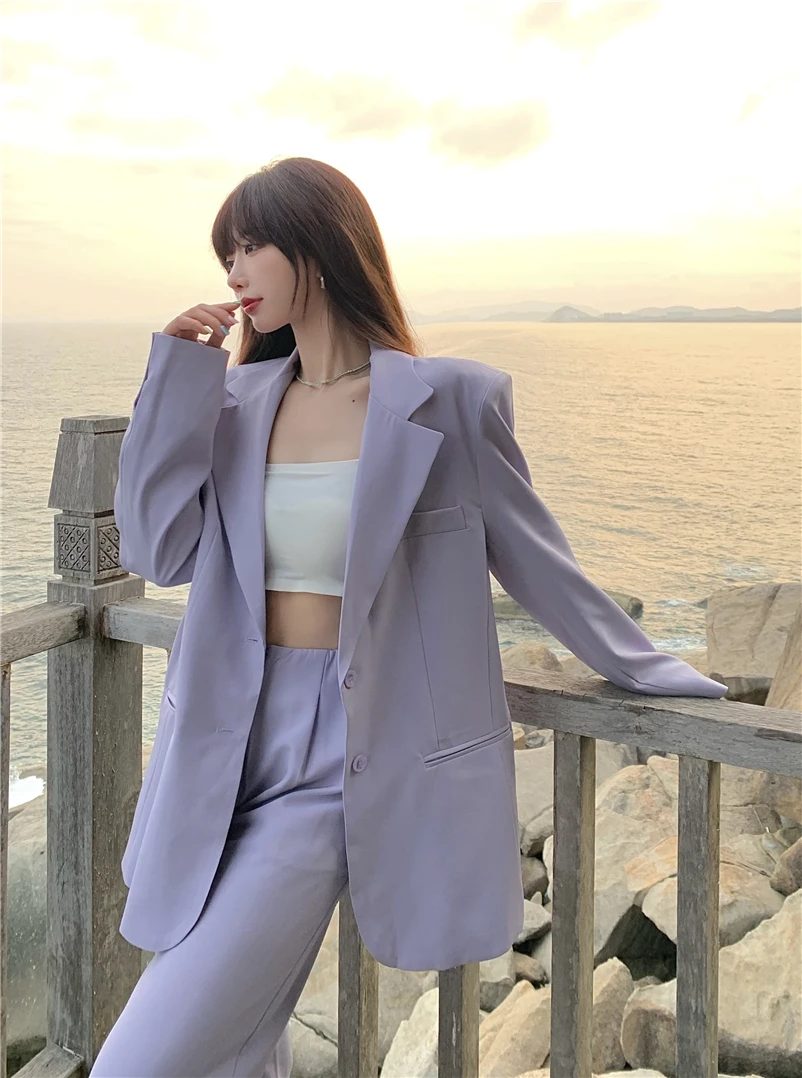 

2 Piece Set Small Suit Jacket Women's Mid-length Purple Loose British Style Thin Suit Jacket 2021 Summer New Style Blazer Suits