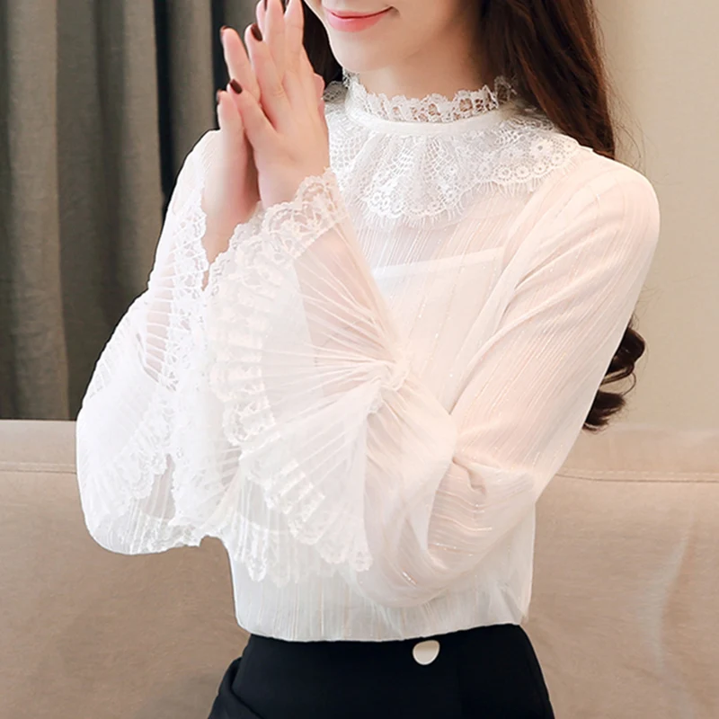 Корейские модные шифоновые женские блузки кружевной рукав раструб белый рубашки