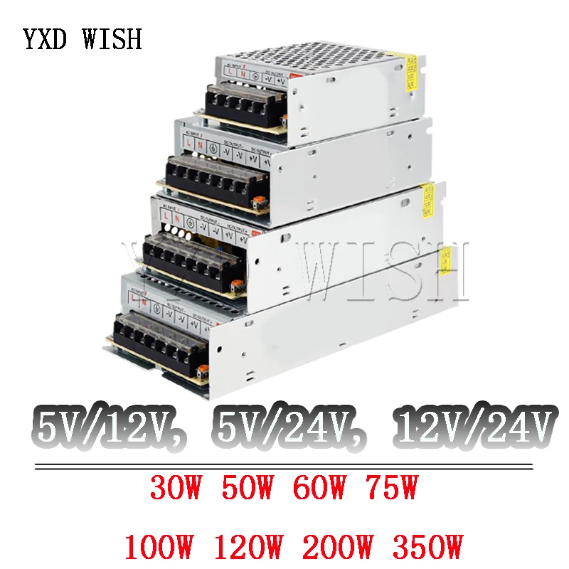 30W 50W 60W 100W 200W 350W Switching Power Supply 5V/12V,5V 24V, 12V 24V Double Output Watt Power Supply For Led Strip
