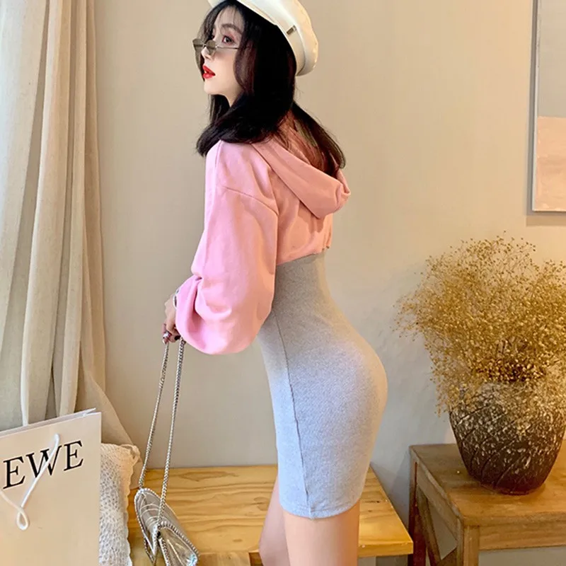 

Autumn Hooded Dress Fashion Pactchwork Women Mini Dress Slim High Waist Hooded Sweatshirt Dress