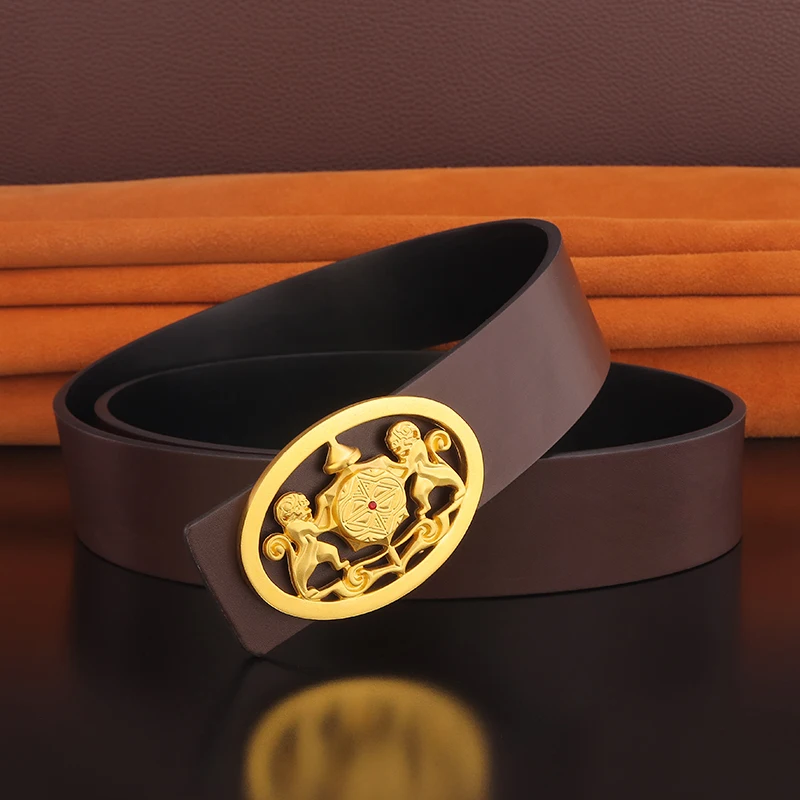 

High Quality Lion Brass Buckle Belt For Men Fashion Genuine Leather Luxury Waist Strap Ceinture Chinoise Wide Waistband