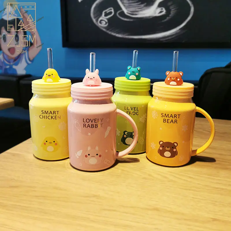 

Creative Cute Animation Milk Cup Water Bottle ins Style With Straw for Girls Couple Students Porcelain Mug
