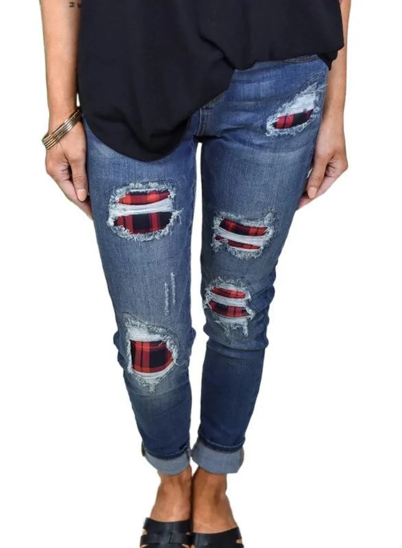 

Mandylandy Women Vintage Ripped Jeans Lady Elegant Plaid Patchwork Hole Denim Pants Female Slim Fit Distressed Denim Trouser