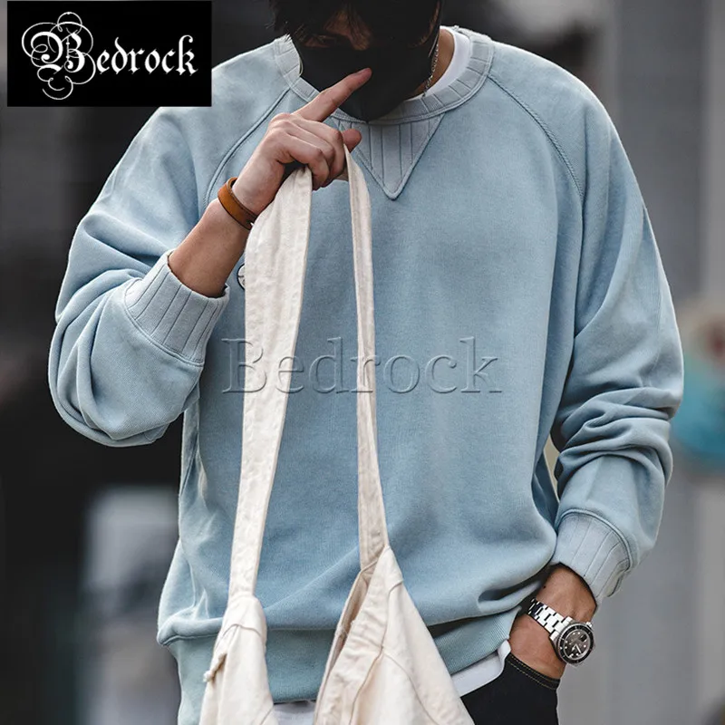 

Retro hoodless solid color round neck sweatshirt autumn and winter black pullovers fried street wear pullover men