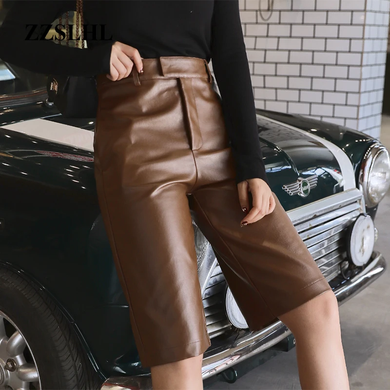 

Plus Size British Style Autumn Winter Women's PU Leather Short High Waist Motor Five Point Trouser Casual Straight Overalls
